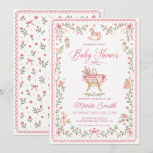 Vintage Folk Floral Girl Baby Shower Invitation