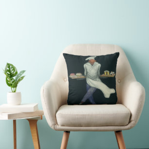 Vintage Food Business, Baker with Pastry Desserts Throw Pillow