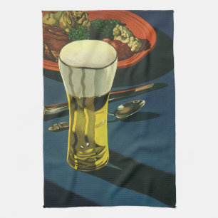 Vintage Food Drinks, Glass of Beer, Dinner Kitchen Towel