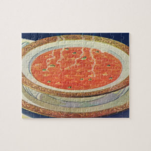 Vintage Food, Hot Bowl of Tomato Soup with Peas Jigsaw Puzzle