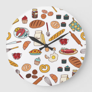 Vintage food illustrations: seamless pattern. large clock