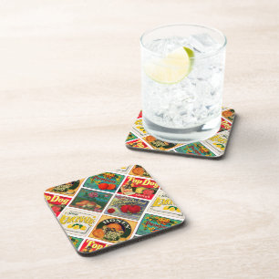 Vintage Food Labels Colourful Pattern Coaster