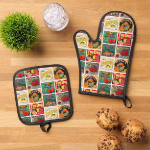 Vintage Food Labels Colourful Pattern Oven Mitt & Pot Holder Set