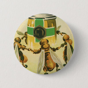 Vintage Food, Organic Honey Bees Dancing Jar 2 Inch Round Button