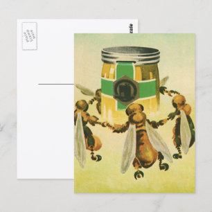 Vintage Food, Organic Honey Bees Dancing Jar Postcard