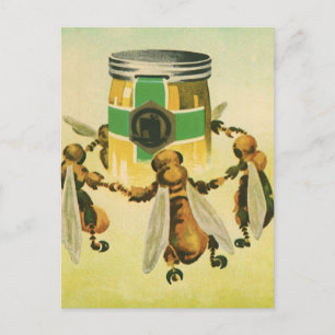 Vintage Food, Organic Honey Bees Dancing Jar Postcard
