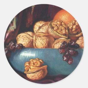 Vintage Food, Walnuts and Fruit in a Blue Bowl Classic Round Sticker
