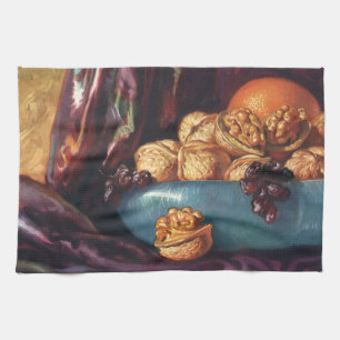 Vintage Food, Walnuts and Fruit in a Blue Bowl Kitchen Towel