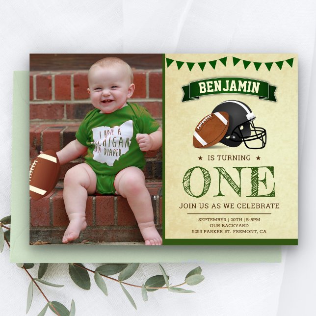 Vintage Football 1st First Birthday Party Photo Invitation (Creator Uploaded)