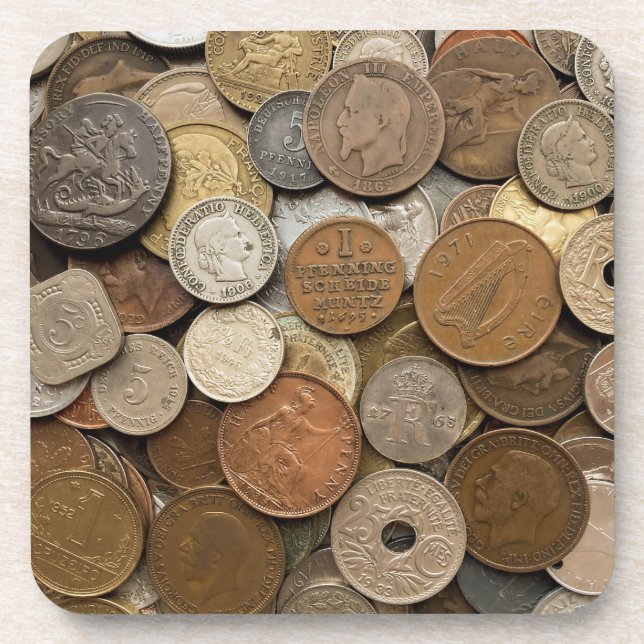 VINTAGE FOREIGN COINS BEVERAGE COASTER (Front)