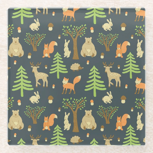 Vintage Forest Animals, Children's Pattern. Glass Coaster (Front)