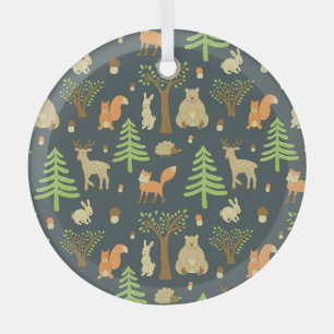 Vintage Forest Animals, Children's Pattern. Glass Ornament