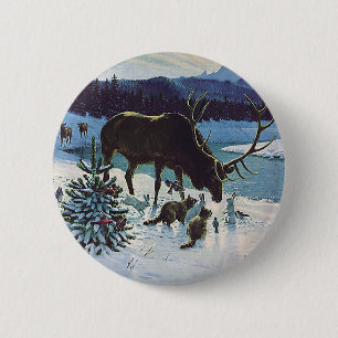 Vintage Forest Creatures and Elk in Winter Snow 2 Inch Round Button