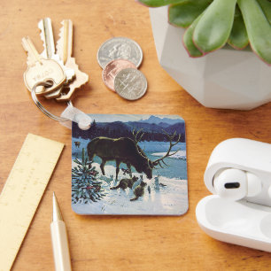 Vintage Forest Creatures and Elk in Winter Snow Keychain
