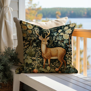 Vintage Forest Deer Botanical Floral Garden Throw Pillow