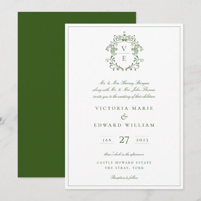 Vintage Forest Green Crest Monogram Wedding Invitation (Front/Back)