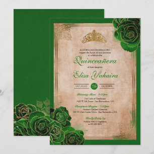 Vintage Forest Green Gold Roses Royal Quinceanera Invitation