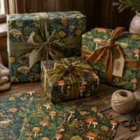 Vintage Forest Mushroom in Dark Green & Rustic Red