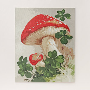 Vintage Forest Mushroom Lucky Clover Jigsaw Puzzle