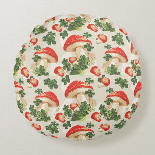 Vintage Forest Mushroom Lucky Clover Pattern Round Pillow