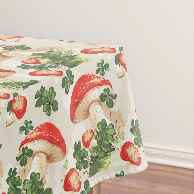 Vintage Forest Mushroom Lucky Clover Pattern Tablecloth (In Situ)