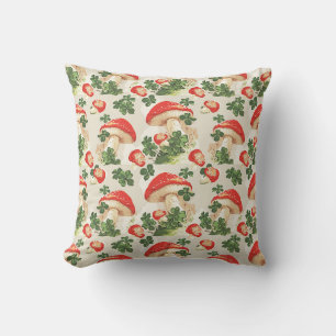 Vintage Forest Mushroom Lucky Clover Pattern Throw Pillow