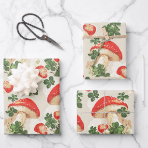 Vintage Forest Mushroom Lucky Clover Pattern Wrapping Paper Sheet