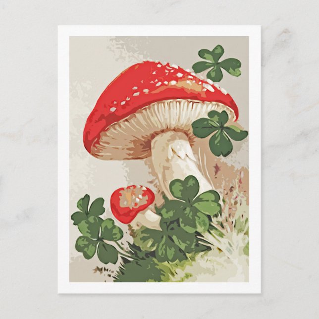 Vintage Forest Mushroom Lucky Clover Postcard (Front)