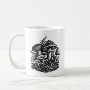 Vintage forest mushrooms linocut coffee mug