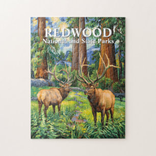 Vintage Forest Redwood Wildlife Elk Van Gogh Style Jigsaw Puzzle