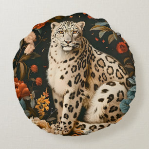 Vintage Forest Tiger Botanical Floral Garden Round Pillow