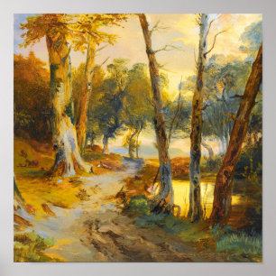 Vintage Forest Trees and River Golden Oil Painting Poster
