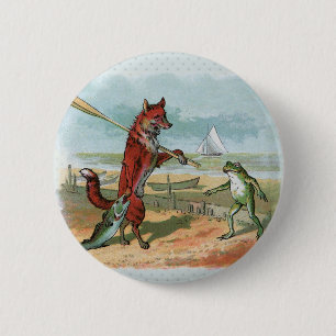 Vintage Fox and Frog Beach Whimsical Illustration 2 Inch Round Button