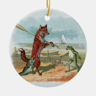Vintage Fox and Frog Beach Whimsical Illustration Ceramic Ornament