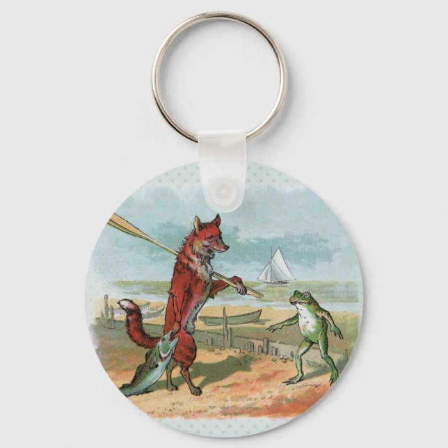 Vintage Fox and Frog Beach Whimsical Illustration Keychain (Front)