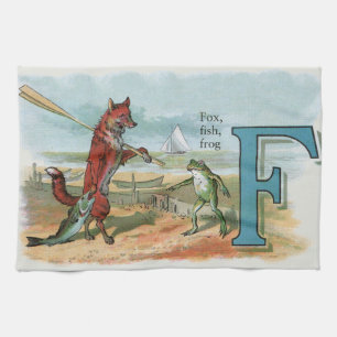 Vintage Fox and Frog Beach Whimsical Illustration Kitchen Towel