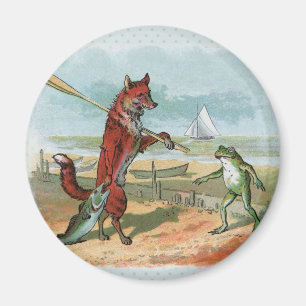 Vintage Fox and Frog Beach Whimsical Illustration Magnet