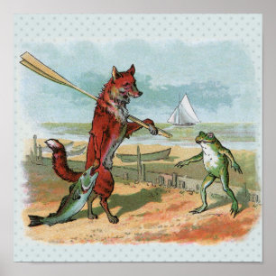 Vintage Fox and Frog Beach Whimsical Illustration Poster