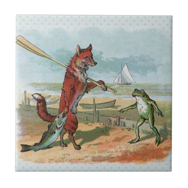 Vintage Fox and Frog Beach Whimsical Illustration Tile (Front)