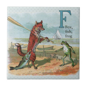 Vintage Fox and Frog Beach Whimsical Illustration Tile
