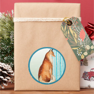 Vintage Fox Aqua Birch Tree Snowflake Holiday Seal