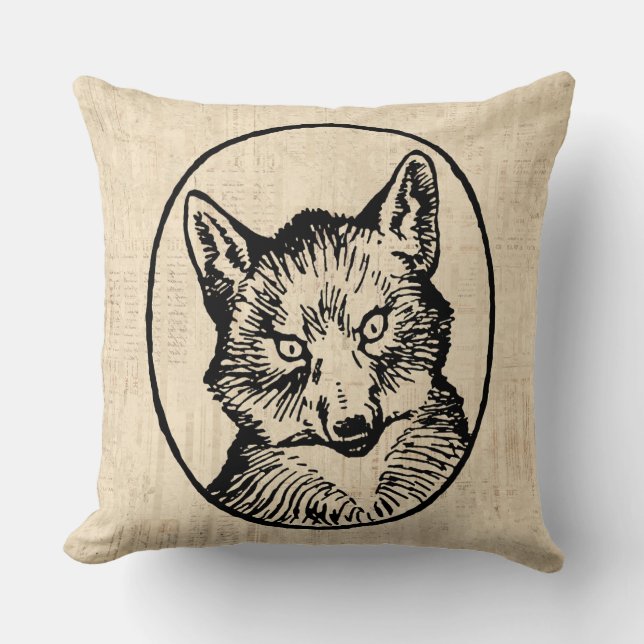 Vintage Fox Art Cute Illustrated Fox Throw Pillow (Front)