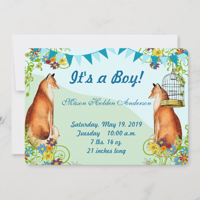 Vintage Fox Bunting Garden Baby Boy Announcement (Front)