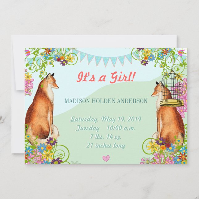 Vintage Fox Bunting Garden Baby Girl Announcement (Front)