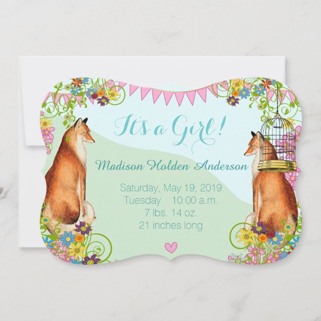 Vintage Fox Bunting Garden Baby Girl Announcement (Front)