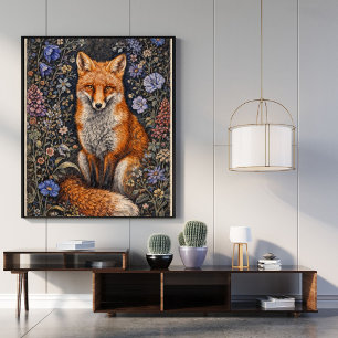 Vintage Fox Floral Art Poster   Woodland Animal