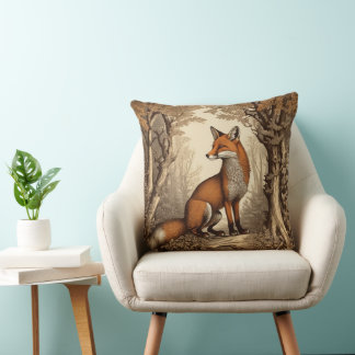 Vintage Fox in Botanical Woodland Throw Pillow