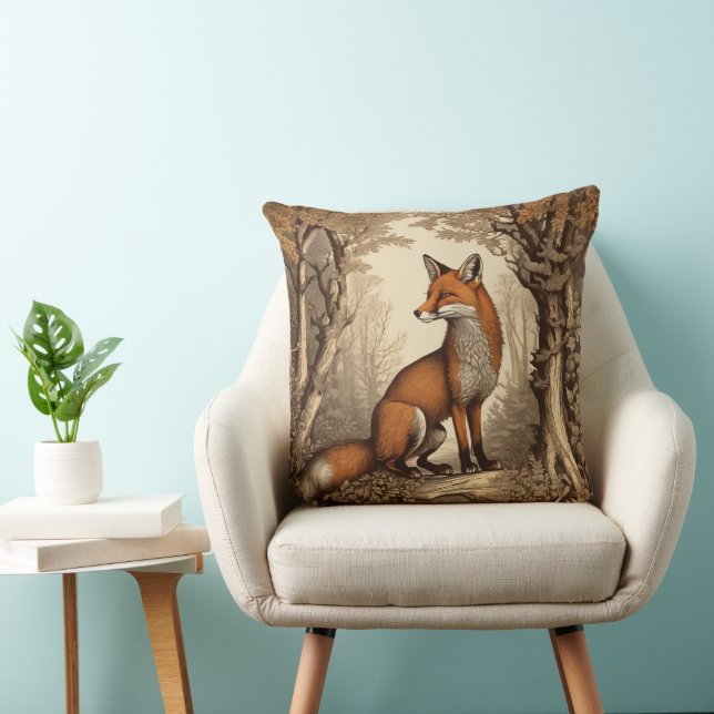 Vintage Fox in Botanical Woodland Throw Pillow (Chair)