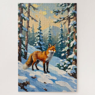 Vintage Fox in the Snowy Woods Christmas Painting Jigsaw Puzzle