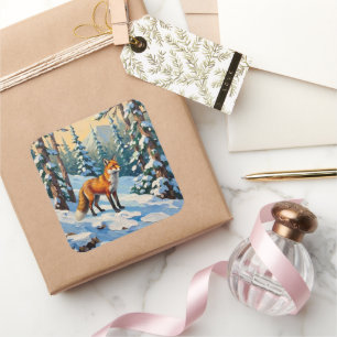 Vintage Fox in the Snowy Woods Christmas Painting Square Sticker